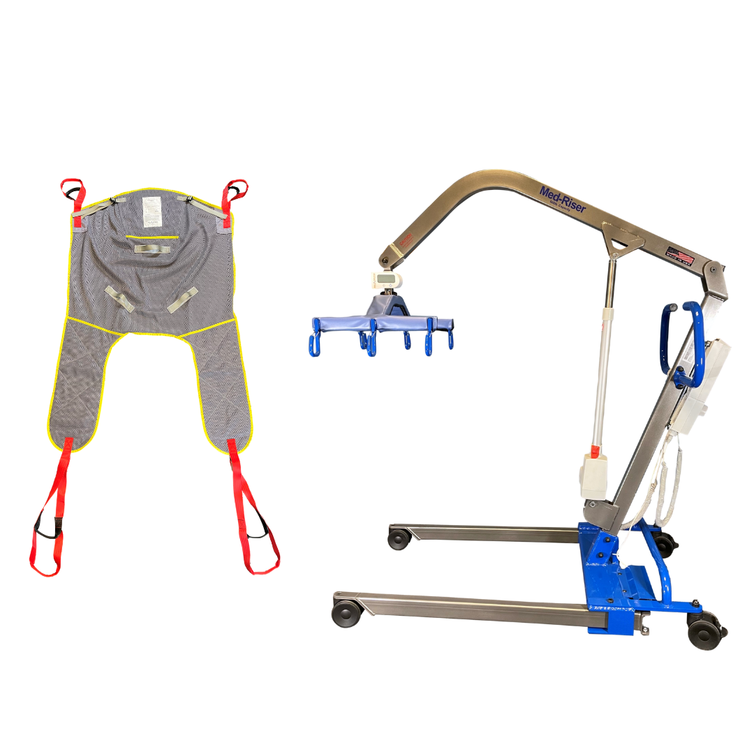 The Med-Mizer MedRiser 600 Patient Lift, featuring a blue and silver frame, is shown beside a gray fabric sling with red straps—both designed for safe handling and transfer of individuals with limited mobility.